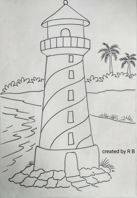 Small Easy Drawings, Tree House Drawing, Nursery Drawings, Lighthouse Drawing, Easy Scenery Drawing, Kid Drawing, Oil Pastel Drawings Easy, Flower Pattern Drawing, Easy Art For Kids