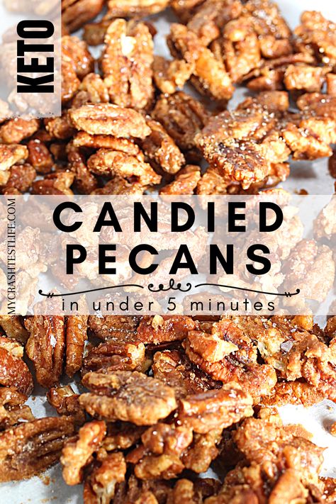 These sugar-free Caramelized Candied Pecans are a cinch to make on the stove, and you can customize them to be spicy, or salty, too! Great for salads, desserts, and cheese boards. Only about 5 minutes of time, these are the perfect grab and go snack for adults as well as kids! Snack For Adults, Flavored Nuts, Keto Holiday Recipes, Holidays Recipes, Low Carb Drinks, Keto Candy, Whole 30 Diet, Crash Test, Nut Recipes