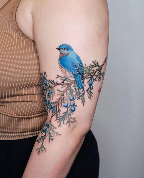 Woodland Animal Tattoo, Bird Tattoo On Arm, Wraparound Tattoo, Bird And Flower Tattoo, Blue Flower Tattoos, Bird Tattoo Sleeves, Bluebird Tattoo, Bird Tattoos For Women, Tattoo On Arm