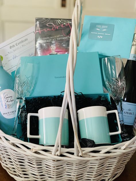 Breakfast at Tiffany’s Basket for a fundraiser. #rafflebasketideas Tiffany And Co Gift, Breakfast At Tifanny, Breakfast At Tiffany’s Necklace, Breakfast Ay Tiffany's, Breakfast At Tiffany's Book, Breakfast At Tiffanys Book Cover, Raffle Basket, Raffle Baskets, Themed Gift Baskets