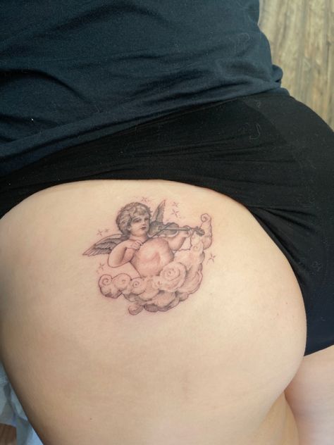 Tattoo, cherub, angel, angel tattoo, butt tattoo, freah tattoo Tattoo Cherub, Collar Bone Tattoos, Bone Tattoos, Cherub Angel, Collar Bone Tattoo, Collar Bone, Angel Tattoo, Back Tattoos, First Tattoo