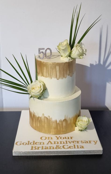 2 Tier 50th Anniversary Cake, Golden Anniversary Cake, 50th Wedding Anniversary Cakes, 50th Anniversary Cakes, 2 Tier Cake, Wedding Anniversary Cakes, Wedding Anniversary Cake, Gold Anniversary, Edible Gold