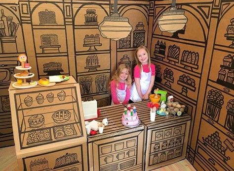 A while back I made a bakery for my kids from cardboard boxes. : somethingimade Cardboard Bakery, Cardboard Play, Bakery Display, Film Ideas, Play Shop, Baba Yaga, Paris Theme, Into The Woods, Cardboard Box