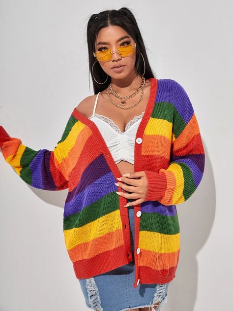 Plus Rainbow Striped Pattern Drop Shoulder Cardigan | SHEIN USA Shoulder Cardigan, Rainbow Cardigan, Cardigan Plus Size, Drop Shoulder Cardigan, Rainbow Outfit, Rainbow Sweater, Pride Outfit, Plus Size Cardigans, Button Front Cardigan