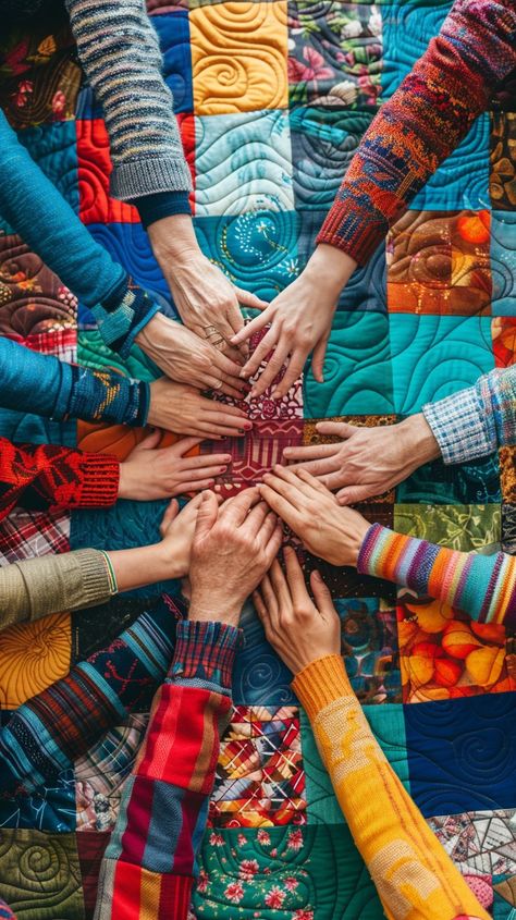 Unified Hands Display: A vibrant display of unity with diverse hands coming together over a colorful patchwork quilt. #unity #diversity #hands #quilt #colorful #aiart #aiphoto #stockcake ⬇️ Download and 📝 Prompt 👉 https://ayr.app/l/sQLu Patchwork Quilt, Creative Words, Ad Campaign, New Pins, Fast Fashion, Embroidery Art, Patchwork Quilts, How To Take Photos, Free Photos