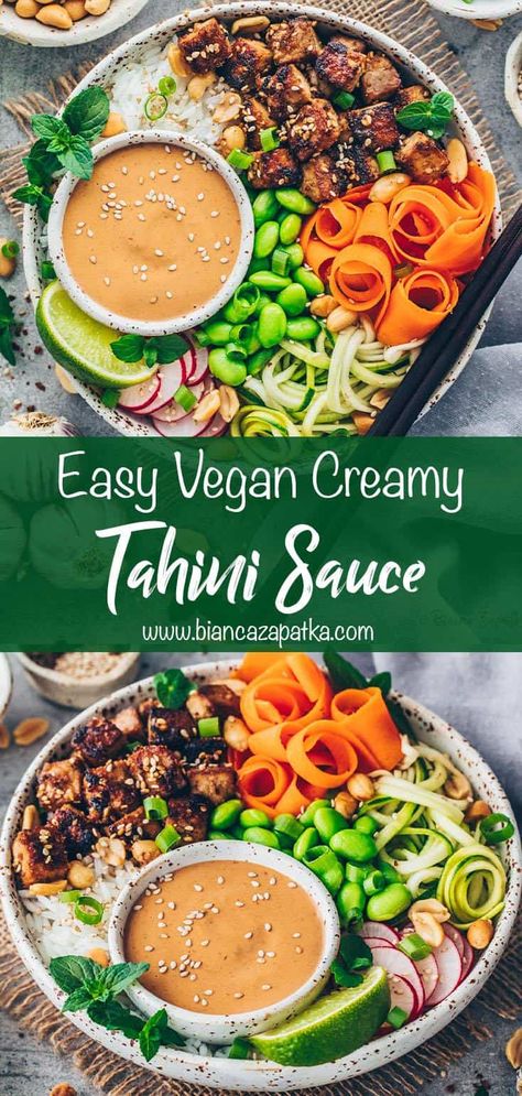 Tahini Sauce Dressing (Quick & Easy) This quick and easy vegan tahini sauce can be used as a dip, salad dressing or dairy-free mayonnaise for falafel, veggies, bowls, tacos and many dishes! It's creamy, healthy, very delicious and perfect to make ahead using simple ingredients! Vegan Tahini Sauce, Veggies Bowls, Falafel Bowls, Heart Healthy Recipes Easy, Salat Dressing, Tahini Sauce Recipe, Vegetable Dips, Vegan Dressing, Easy Vegan Dinner