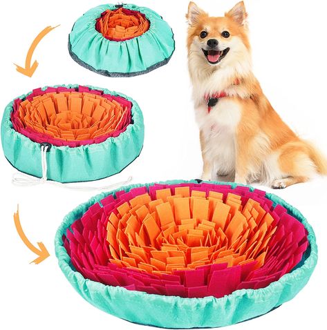 Snuffle mats are great for dogs of all ages. For senior dogs, snuffle mats are recommended for dogs suffering from cognitive decline or dementia. For humans, science has shown that mental stimulation helps to keep our brains healthy; snuffle mats apply those principles in a dog-friendly way. Sniff Mat, Dog Enrichment Toys, Dog Digging, Snuffle Mat For Dogs, Slow Eating, Snuffle Mat, Dog Puzzle Toys, Blind Dog, Dog Enrichment