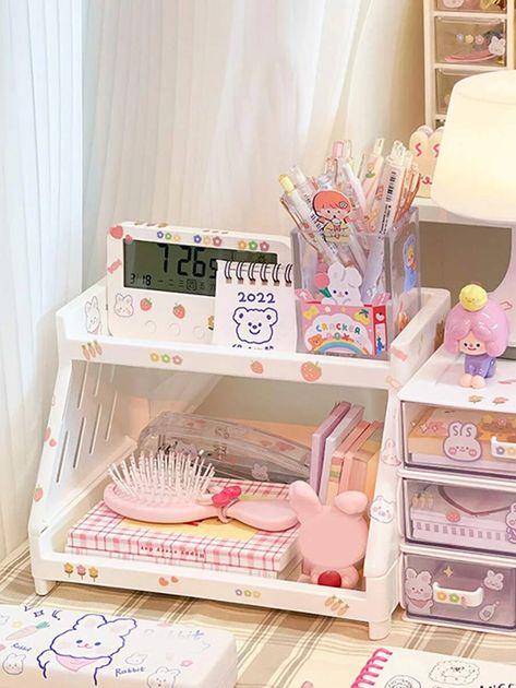 Kawaii Drawer Organizer, Kawaii Desk Shelf, Shein Makeup Organizer, Sanrio Desk Tray, Cute Multicolor Stationery With Pen Holders, Cute Table, Desktop Storage, Book Organization, Desktop Organization