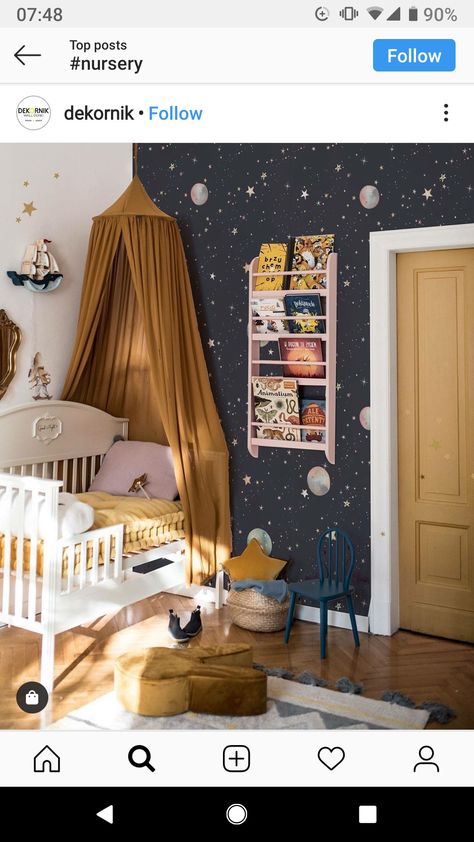 Cosmos Wallpaper, Planet Mobile, Casa Hobbit, Space Themed Bedroom, Space Themed Nursery, Nursery Room Design, Baby Boy Room Nursery, Space Nursery, Nursery Room Inspiration