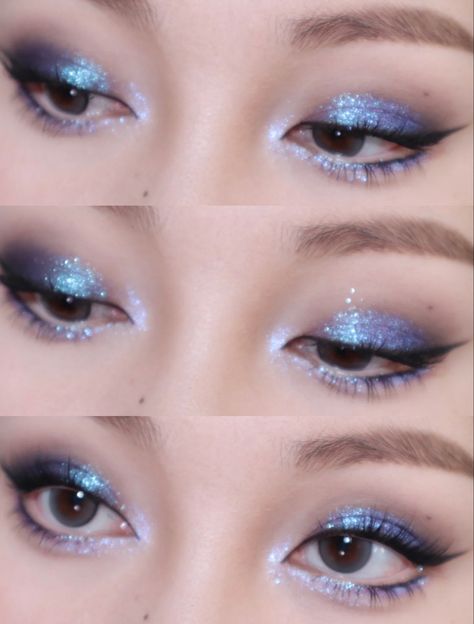 Blue Monolid Makeup, Blue Eyeshadow Looks Asian, Asian Blue Eye Makeup, Blue Eye Makeup Monolid, Blue Makeup Looks Asian, Blue Makeup Prom Looks, Blue Eyeshadow Asian Eyes, Shiny Blue Makeup, Indigo Makeup Looks