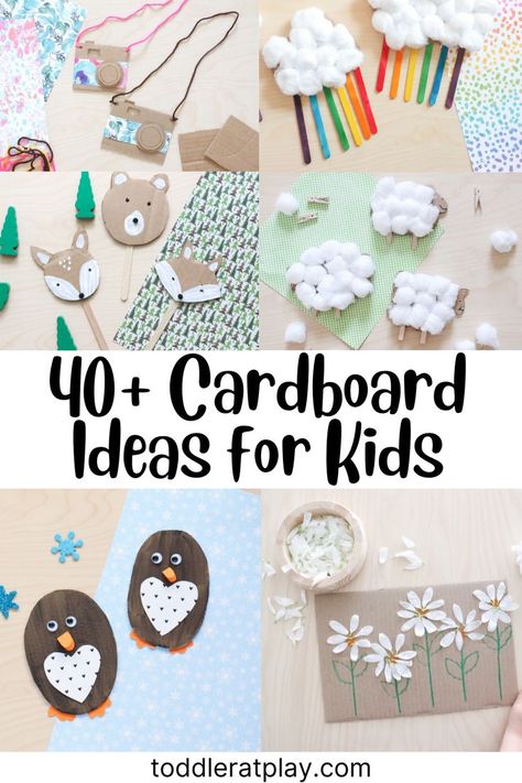 Easy and fun ideas for kids using cardboard. #cardboardcrafts #craftsforkids #recycledcrafts Cardboard Ideas For Kids, Fun Ideas For Kids, Cardboard Ideas, Preschool Activities Toddler, Diy Toddler, Kids Groups, Outdoor Activities For Kids, Cardboard Art, Homeschool Activities