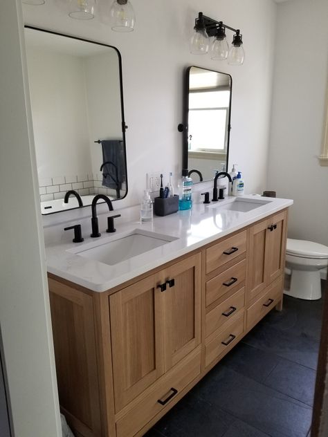 Primary Bathroom remodel using black slate tile, custom 72" riftsawn white oak vanity, silestone Calcutta gold quartz countertops and black hardware, faucets and lights. Black Hardware Bathroom, Oak Vanity Bathroom, White Oak Bathroom Vanity, White Oak Bathroom, White Oak Vanity, Slate Bathroom, Oak Bathroom Cabinets, Black Tile Bathrooms, Black Bathroom Hardware