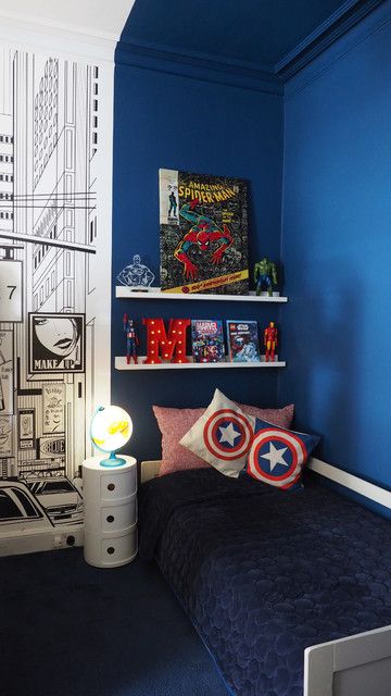 Michael's room - Contemporary - Kids - Edinburgh - by Studio Hoyna | Houzz Playroom Sensory, Playroom Mural Ideas, Comic Themed Room, Playroom Lighting, Spiderman Room Decor, Superhero Room Decor, Spiderman Bedroom, Marvel Bedroom, Playroom Mural