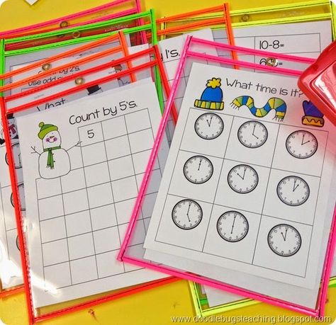 Winter Dry Erase Pocket Printables -44 sets of math sheets to slip into dry erase pockets. Perfect for early finishers or review or practice work. Telling time, counting, subtraction, addition, missing numbers and more. Counting In 5s, Doodle Bugs, Math Sheets, Independent Activities, Teaching First Grade, Word Activities, Early Finishers, 1st Grade Math, Future Classroom