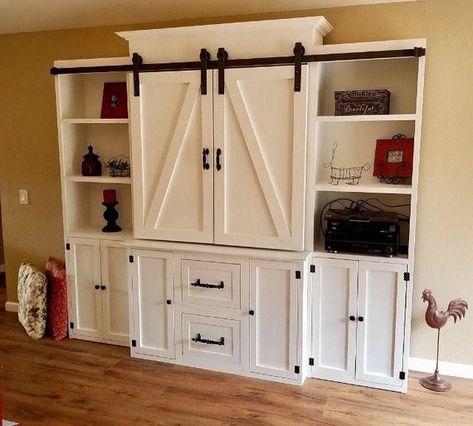 TV Console/TV Stand/Entertainment Center/Barn Tv Stand Entertainment Center, Console Tv Stand, Barn Door Entertainment Center, Barn Door Tv Stand, Entertainment Center Design, White Barn Door, Diy Entertainment, Entertainment Center Kitchen, Console Tv