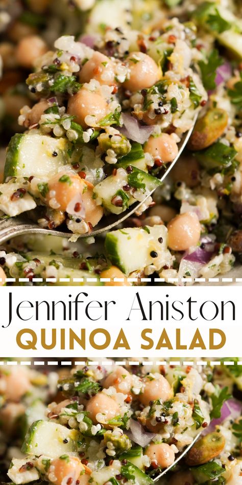 Jennifer Aniston’s Quinoa Salad took the internet by storm for good reason! Made with quinoa, garbanzo beans, feta cheese, pistachios, fresh herbs, and a simple lemon vinaigrette … this flavorful and crunchy salad is one of the best I’ve ever had. Packed with plant-based protein, fiber, and healthy fats … this lettuce-less salad is just as nutritious as it is delicious. Perfect for a healthy dinner, lunch, or meal prep! Quinoa Salad Recipes Healthy, Best Quinoa Salad Recipes, Low Fat Salads, Garbanzo Beans Salad, Summer Pasta Dishes, Quinoa Recipes Easy, Gourmet Salad, Crunchy Salad, Quinoa Healthy