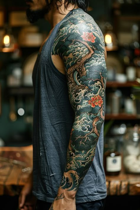 Sleeve Tattoos For Guys Ideas Unique, Badass Sleeve Tattoos, Creative Sleeve Tattoos, Japanese Leg Tattoo, Koi Tattoo Sleeve, Tattoo Japanese Style, Dragon Sleeve, Sleeve Tattoos For Guys, Full Sleeve Tattoo Design