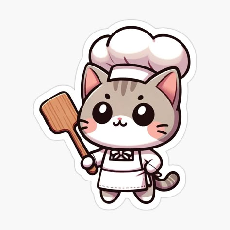 Cat Eating Illustration, Gato Chef, Cute Chibi Cat, Cooking Stickers, Chef Sticker, Cat Cooking, Chef Cat, Chef Cats, Paint And Drink