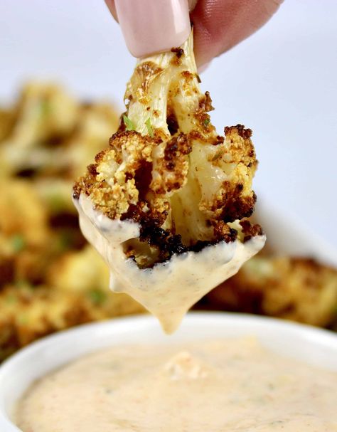 Air Fryer Cauliflower with Dipping Sauce This delicious Cajun Air Fryer Cauliflower is paired with an amazingly savory, homemade Remoulade Dipping Sauce. The combination of flavors in this easy side dish are so great, it can even stand alone as a tasty appetizer. #ketoairfryer #lowcarbairfryer #ketocauliflower Cauliflower Dipping Sauce, Air Fryer Cauliflower, Cauliflower Dip, Low Carb Gluten Free Recipes, Garlic Parmesan Chicken Wings, Keto Side, Low Carb Side Dishes, Easy Side Dish, Keto Side Dishes