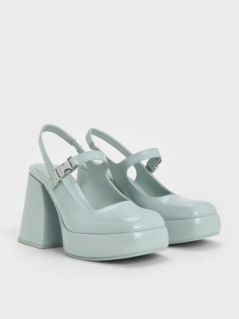 Blue Laine Metallic-Buckle Platform Mary Janes - CHARLES & KEITH UK Light Blue Shoes, Cheonan, Fairy Shoes, Funky Shoes, Blue Accessories, Platform Mary Janes, Mary Jane Heels, Only Shoes, Charles Keith