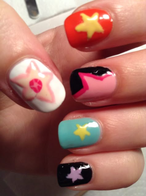 Steven Universe inspired nail art! Steven Universe Nails Art, Steven Universe Inspired Nails, Steven Universe Inspired Makeup, Steven Universe Nail Designs, Nail Art Birthday Ideas, Steven Universe Painting Ideas, Random Nail Art, Steven Universe Nail Art, Cartoon Inspired Nails