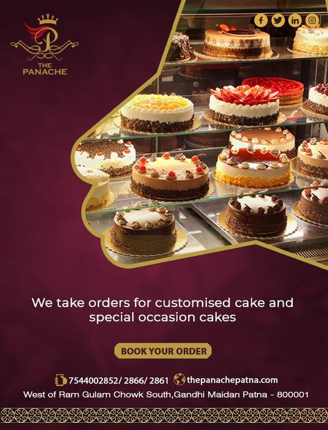 We take orders for customised cake and special occasion cakes.
Place your order now with us
Call us now to place your orders at +𝟵𝟭-𝟳𝟱𝟰𝟰𝟬𝟬𝟮𝟵 𝟱𝟳 / 𝟱𝟭.
Wide range of flavors available ..
Relish the best bakes of the town with us
#bakery #cakes #puffs #bestcakesinthetown #chocolates #patnalikes #happymothersday #Bestinpatna #sweetlovers #desserts #customizedcake #fancycake #happybirthday #happyanniversary #stayhome #staysafe #panache2021 #panachebakery #bestbakery #biharbest Best Bakes, Order Cakes Online, Bakery Shop Design, Best Bakery, Cake Logo, Cake Decorating Designs, Cake Online, Gold Wedding Cake, Special Occasion Cakes