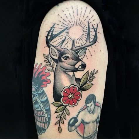 Stag Knee Tattoo, Neo Traditional Deer Skull Tattoo, Traditional Deer Head Tattoo, American Traditional Outdoors Tattoo, Deer Tattoo American Traditional, American Traditional Deer Skull Tattoo, Traditional Buck Tattoo, Feminine Hunting Tattoos, Buck Tattoo For Men