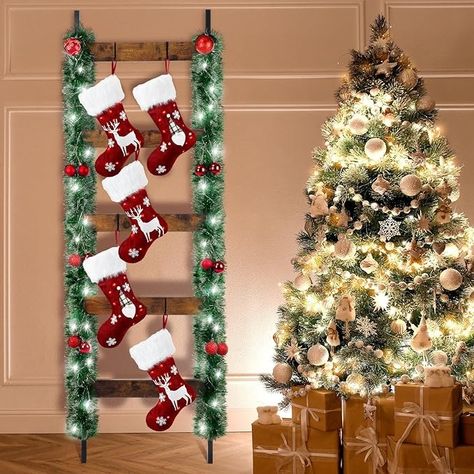 Amazon.com: Tigeen Lighted Christmas Stocking Holder for Wall with 10 Hooks Christmas Stocking Stand Wooden Ladder for Stockings with Artificial Garland Battery Operated Light for Xmas Home Decorations : Home & Kitchen Stocking Holder Stand Diy, Stocking Holders Diy Wooden, Stocking Holders Standing Diy, Stocking Pole, Stocking Decorating, Christmas Stocking Holder Stand, Christmas Stocking Stand, Free Standing Stocking Holder, Stocking Holder Stand