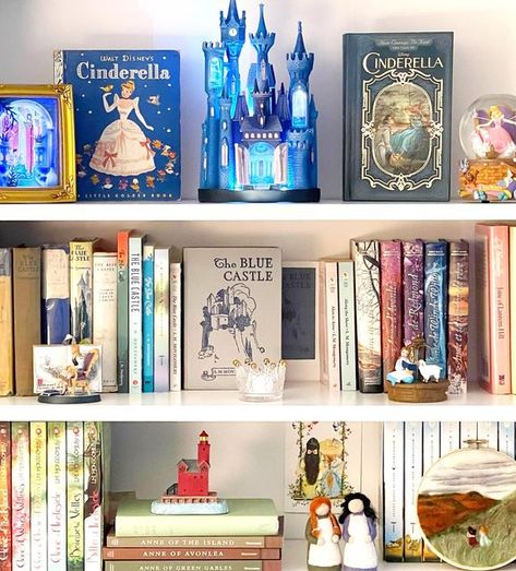 Disney Bookshelf Decor, Bookshelf Knick Knacks, Princess Bookshelf, Disney Bookshelf, Disney Collection Display, Book Collection Display, Disney Shelf, Disney Princess Decor, Disney Dorm