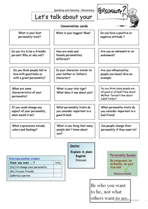 Positive Self Talk Worksheet, Personality Worksheet, Self Talk Worksheet, English Conversation Worksheets, Speaking Activities Esl, Speaking Activities English, English Conversation, Conversation Topics, Conversation Cards