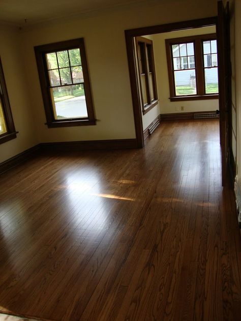 Dark Wood Trim | dark wood trim with hardwood floors and ... | Paint Colors with dark ... Stained Wood Trim, Dark Wood Trim, Stained Trim, Painted Wood Floors, Dark Trim, Oak Trim, Light Hardwood, Hardwood Floors Dark, Floor Trim