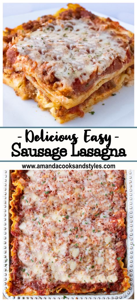 Delicious Easy Sausage Lasagna – Super delicious and simple lasagna recipe made with sausage, homemade robust tomato sauce, mozzarella and ricotta cheese. This is the perfect family and kid friendly comfort meal. Lasagna Recipe Italian Sausage, Pesto And Sausage Lasagna, Lasagna Recipe With Ricotta And Sausage, Small Lasagna Recipe, Small Lasagna, Simple Lasagna Recipe, Sausage Lasagna Recipe, Lasagna With Sausage, Lasagna With Ricotta Cheese