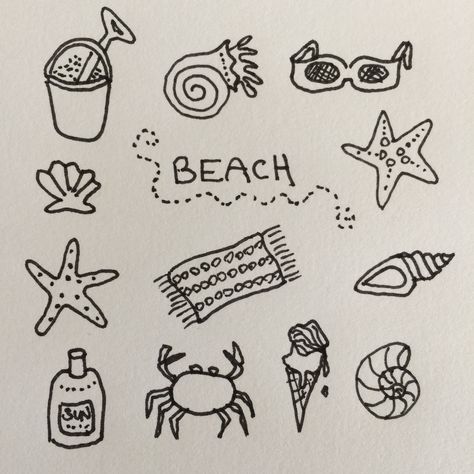 Small Beach Drawings, Beach Drawing Sketches Simple, Ocean Aesthetic Doodles, Easy Beach Drawings Simple, Easy Tropical Drawings, Sea Shell Doodle, How To Draw Beach Things, Seashells Doodles, Cute Summer Doodles Easy