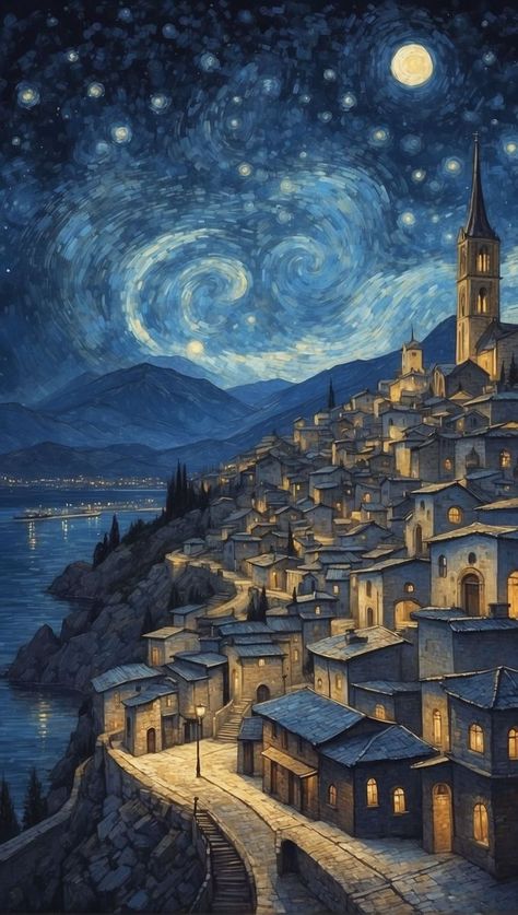 Ethereal Night Haven Painting Ideas Buildings, Etheral Wallpapers, Nighttime Paintings, Night Time Paintings, Night Time Art, Ethereal Illustration, Ethereal Art Aesthetic, Night Drawing, Night Gallery