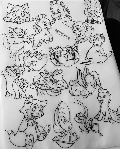 Disney Tattoos Characters, Disney Icon Tattoo, Disney Animal Tattoo Ideas, Disney Tattoo Flash Sheet, Disney Filler Tattoo, 2000s Flash Tattoo, Disney Tattoos Black And White, Disney Animal Tattoos, Disney Black And White Tattoo