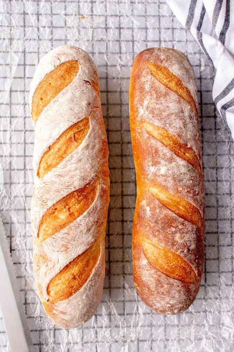 Easy Homemade Baguettes for Beginners (bakery-style results!) | Happy Vegannie Homemade Baguette Easy, How To Make Baguette, Best Baguette Recipe, Baggett Recipe, Quick Baguette, Easy Baguette Recipe, Homemade Baguette Recipe, Easy Baguette, Homemade Baguette