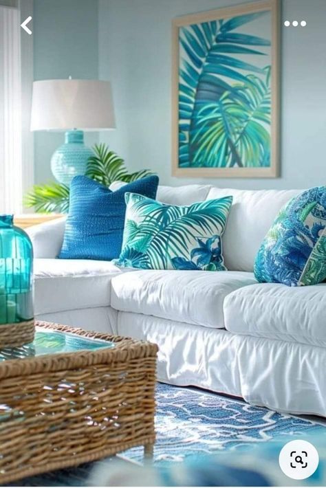 Aqua Interior Design, Beach Theme House Interior Design, Beach Home Exteriors, Aqua Bedroom Ideas, Tropical Houses Interior, Tropical Living Room Ideas, Island Bungalow, Coastal Living Rooms Ideas, Greek Bedroom