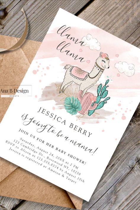 Llama Llama who is going to be a mama in your family? Easily personalize this stylish llama themed baby shower invitation for your own event. The design is pink themed with beautiful llama and cactus art. The template provided is an easy way to customize for your event. Purchase as an instant download, have the invitations shipped directly to your home, or both! Llama Gender Reveal, Llama Baby Shower Ideas, Boho Llama, Mama Llama, Llama Party, Llama Llama, Cactus Art, Baby Mama, Baby Shower Invitation