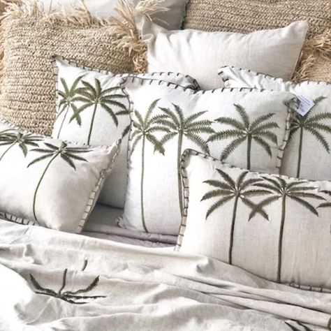 The Ella palm cushion cover has been restocked! A natural linen cover with olive green stitched edging and palms design. Tropical luxe at it's best. Team with the lightweight throw of same design, on the bed or your sofa. #palmtree #trending2024 #trendinghomewares2024 #lifeinavan #tropicalhomes #tropicaldecorating #stylemyroom #tropicalvibes #threebirdrenovations #interiorstyling #decorating #giftforher #marketsgoldcoast #textiles #interiordecoration #tropicalinspo #giftideas #coastalhomewa... Tropical Luxe, Hawaii Ideas, Three Birds, Tropical Houses, Passion Project, Decor Home Living Room, Tropical Vibes, Natural Linen, Palm Tree