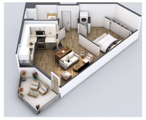 Triangle Studio Apartment Layout, Trapezoid Room Layout, Small Apartment Plans, 30x40 House Plans, Dorm Design, Craft Room Design, Casas The Sims 4, Studio Apartment Layout, Sims House Plans