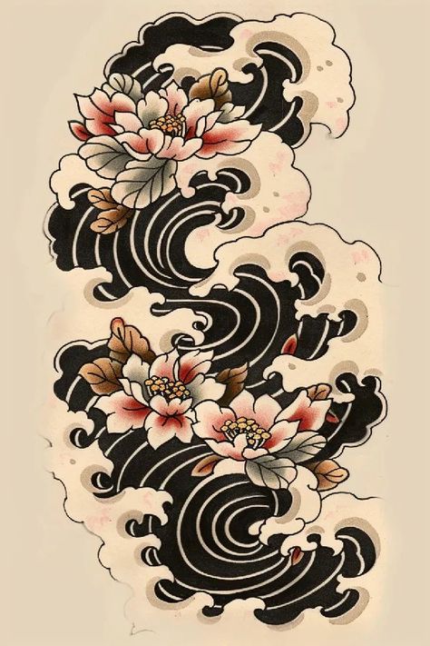 Tattoo idea: tattoo sketch A traditional Japanese wave pattern with 9 Wave Tattoo Japanese Style, Black Japanese Traditional Tattoo, Japanese Trad Tattoo Design, Front Thigh Tattoos Traditional, Japanese Tattoo Filler Ideas, Mandala Japanese Tattoo, Traditional Japanese Tattoos Back, Japanese Ornamental Tattoo, Japanese Gold Fish Tattoo