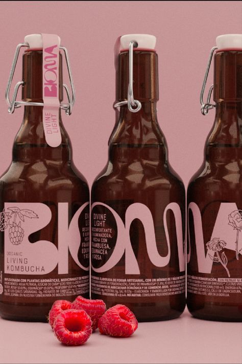 Kombucha design is on fire lately, and brands have been getting super ambitious with can design, typography, and interesting flavors. We're seeing tons of impressive stuff in the field lately, but Spain's Bioma stood out right away for their old-fashioned pop open bottles and colorful matte typography. Bottled Food Packaging, Cool Product Packaging, Cool Liquor Bottles, Cool Bottle Design, Beverage Branding Design, Product Label Design Ideas, Product Marketing Design, Juice Bottle Design, Kombucha Design