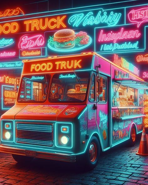 A mysterious caravan of neon food trucks pulled into the city as the lights went out, their vivid colors creating an otherworldly glow against the cityscape. Tales of these enigmatic merchants, who appeared only in the shadow of night and served delights that titillated the senses and moved the soul, were whispered among the nighttime wanderers. There was a rumor that individuals who tried their wares were left with heightened senses and heightened cravings due to flavors that seemed to be b... Neon Food Truck, Heightened Senses, Neon Food, Truck Pulls, Neon City, Food Trailer, Food Trucks, The Shadow, Food Illustrations