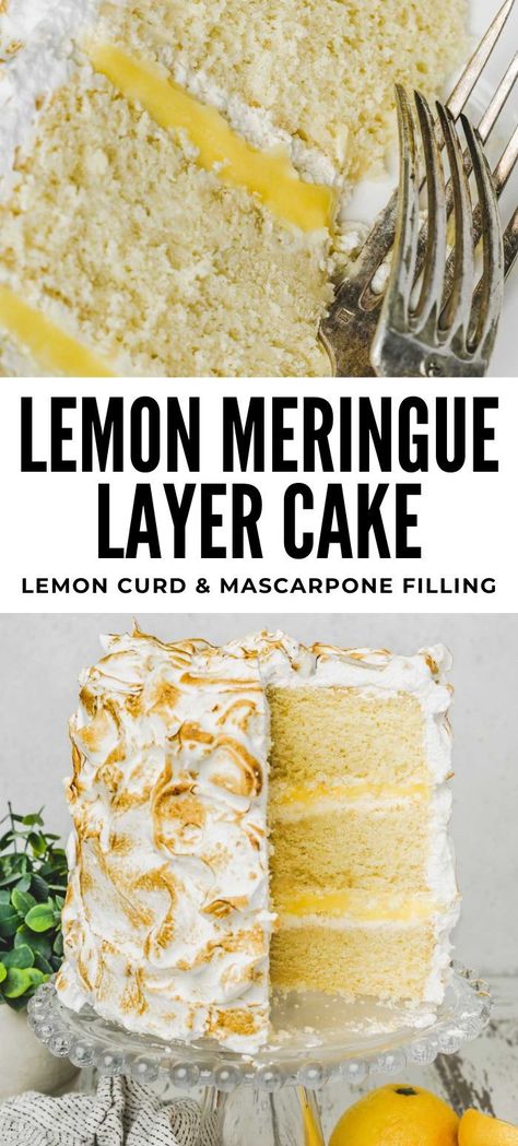 Mascarpone Lemon Curd, Mascarpone Filling Layer Cakes, Mascarpone Cream Cake, Lemon Mascarpone Cake, Meringue Layer Cake, Fluffy Lemon Cake, Chocolate Party Cake, Meringue Cake Recipe, Lemon Birthday Cakes