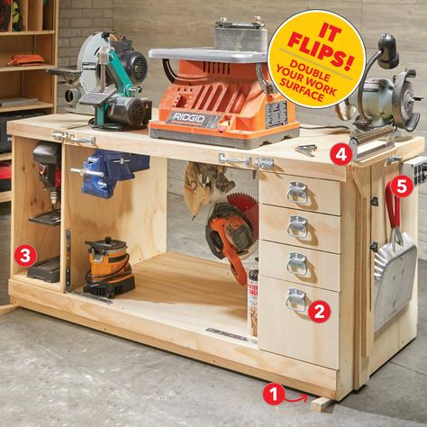 How to Build a Space-Saving Flip-Top Bench | The Family Handyman Flip Top Work Bench, Simple Workbench Plans, Wood Workbench, Workbench Plan, Workbench Ideas, Workbench Designs, Mobile Workbench, Diy Workbench, Garage Work Bench