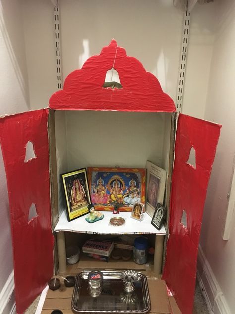 DIY Pooja room with carton box. As I couldnt find one temple like I wanted, Built my own Temple with carton box. Diy Pooja Mandir, Diy With Cardboard, Cardboard Box Diy, Pooja Mandir, Diy Greenhouse, Pooja Room, Diy Cardboard Furniture, Pooja Rooms, Cardboard Furniture