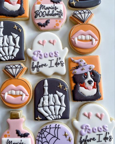 Halloween Bridal Shower Cookies, Piped Cookies, Halloween Bridal Showers, Bachelorette Cookies, Decorative Cookies, Wedding Cookie, Bridal Shower Cookies, Halloween Tombstones, Cookies Baking