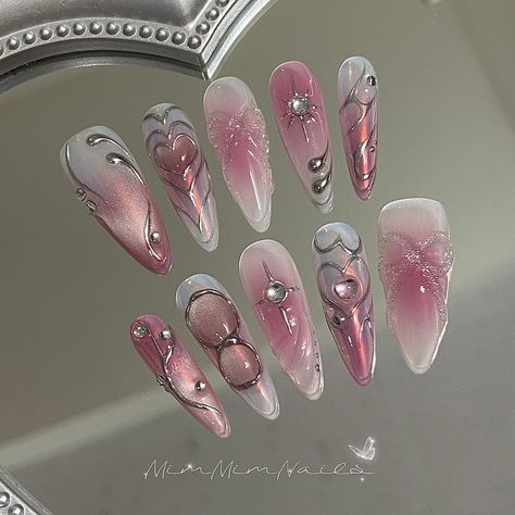 xiaohongshu nails, chinese trendy nails, korean trendy nails, long nails, nail inspo inspiration, nail tech, nail tutorial, cute nails, pretty nails, nail art, birthday nails, kpop nails, trendy nails, nail art, 3d nails Pink Nails Design Butterfly, Creative Wedding Nails, Silver Nails Butterfly, Sailor Moon Themed Nails, Pink Ethereal Nails, Press On Sets, Hmong Nails, Pink Holographic Nail Designs, Nail Designs Long Almond