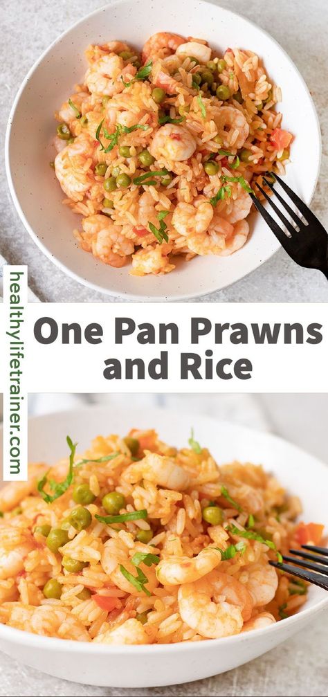 Sometimes all you want is a simple, no-fuss meal. That's exactly what this one-pan prawns and rice recipe is; Quick, simple, and indulged with lots of flavors. These Easy One Pan prawns and rice uses long-grain rice, frozen prawns, and any vegetables you have on hand for a quick evening supper! #onepanrecipe #Prawnsandrice #shrimprecipe Rice With Seafood Recipes, Rice And Prawns Recipe, Recipes Using Cooked Prawns, Prawn And Rice Recipes, Prawn Rice Recipes, Prawn Dinner Recipes, Simple Prawn Recipes, Easy Shrimp And Rice, Prawns And Rice