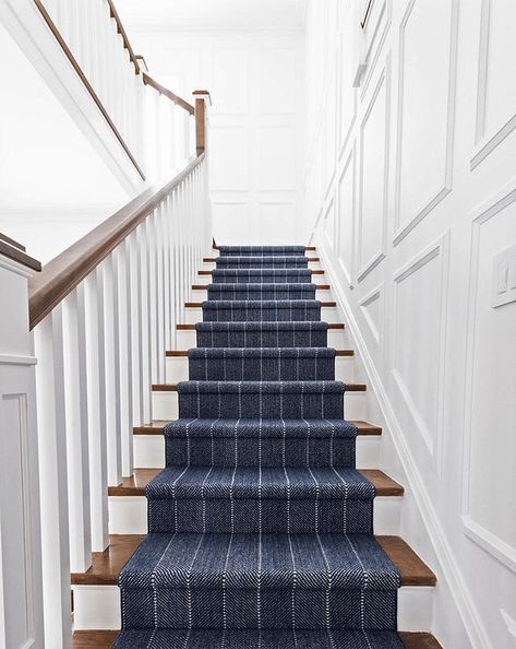 Where I Stand on Stair Runners (+ a Quick Ask the Audience) Navy Stair Runner, Striped Stair Runner, Farmhouse Staircase, Stairs Runner, Carpet Staircase, Entryway Stairs, Staircase Runner, House Staircase, Staircase Makeover